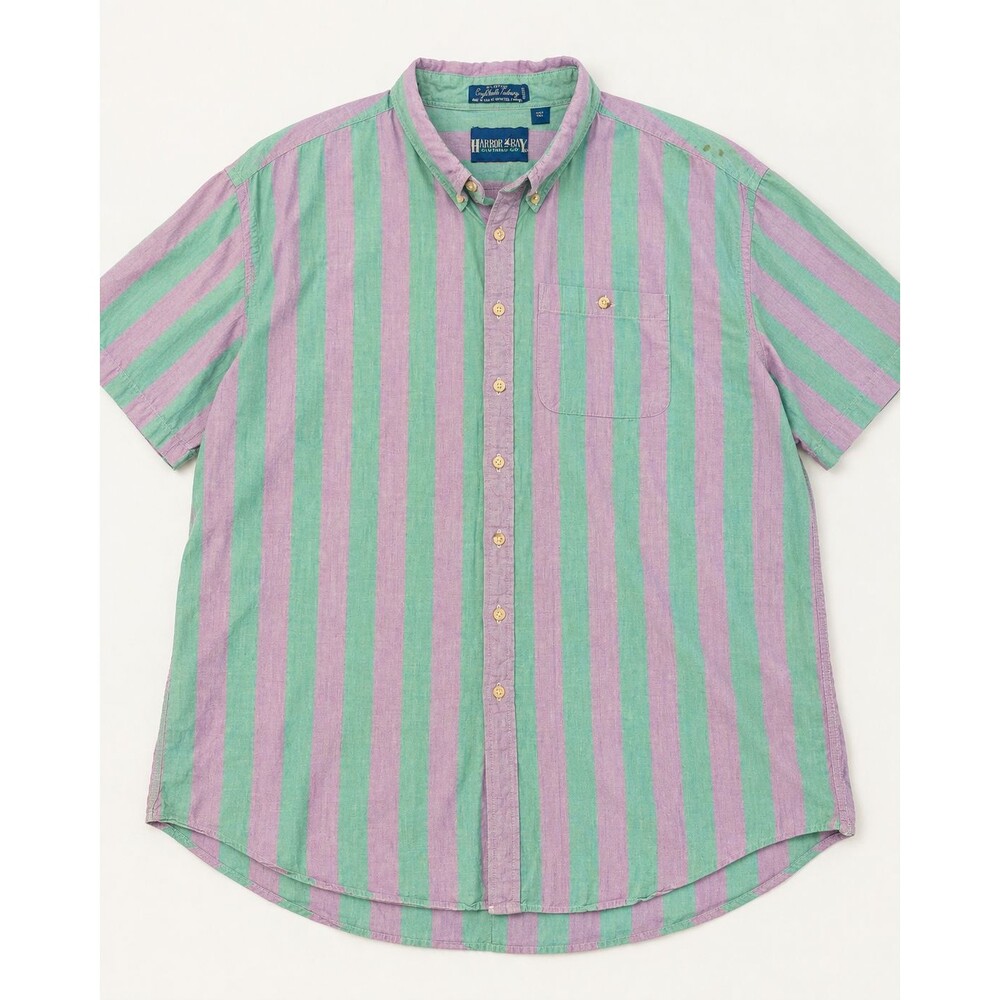 Harbor Bay 4XLT Tall Striped Short Sleeve Button Down Shirt Green Pink Cotton
